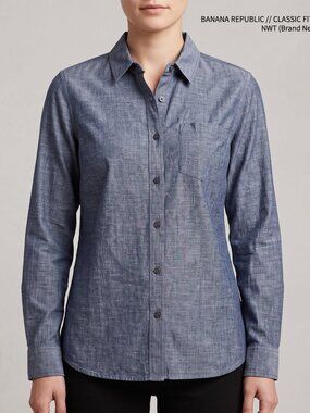 Banana Republic Chambray Shirt Womens Petite Small NWT Blue Button Down Classic